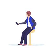 Young man sitting in a comfortable chair and takes a selfie using smartphone gadget. Modern guy with mobile phone. Flat Cartoon vector illustration isolated on background.