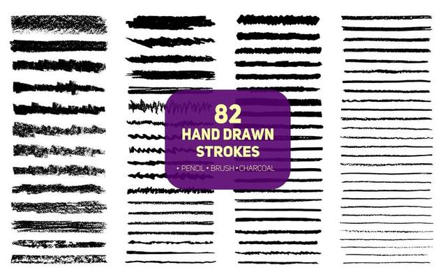 Set of 82 hand drawn texture brush, pencil and charcoal strokes lines.