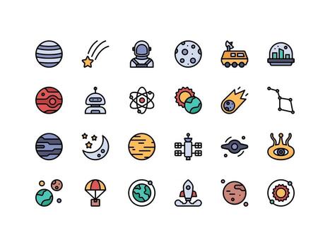 Conjunto de iconos de color lineal de objetos espaciales vector