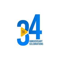 Celebración del aniversario de 34 años, ilustración de diseño de plantilla de vector azul