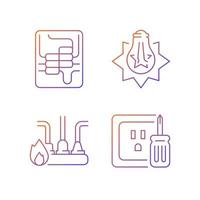 Electrician service gradient linear vector icons set. Circuit breaker panel. Exploding light bulb. Outlet repair. Thin line contour symbols bundle. Isolated vector outline illustrations collection