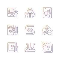 Electrician service gradient linear vector icons set. Electrical meter repair. Circuit breaker panel. Screwdrivers. Thin line contour symbols bundle. Isolated vector outline illustrations collection
