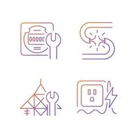 Electrician service gradient linear vector icons set. Energy meter maintenance. Short circuit. Power line repair. Thin line contour symbols bundle. Isolated vector outline illustrations collection