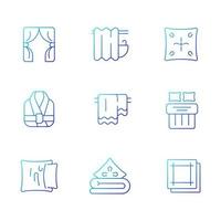 Home textile products gradient linear vector icons set. Window blinds. Shower curtains. Pillow case. Bath robe. Thin line contour symbols bundle. Isolated vector outline illustrations collection