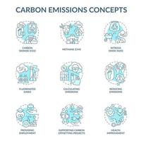 Conjunto de iconos de concepto de emisiones de carbono. ilustraciones en color de línea fina de idea de cambio climático. apoyar proyectos de compensación de co2. dióxido de carbono. dibujos de contorno aislados vectoriales. trazo editable vector