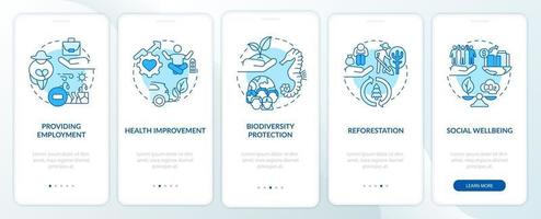 Carbon offset benefits onboarding mobile app page screen with concepts. Biodiversity protection walkthrough 5 steps graphic instructions. UI, UX, GUI vector template with linear color illustrations