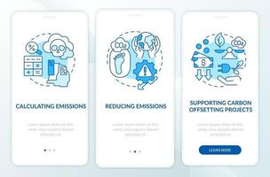 Carbon offset steps onboarding mobile app page screen with concepts. Emissions reduction walkthrough 3 steps graphic instructions. UI, UX, GUI vector template with linear color illustrations