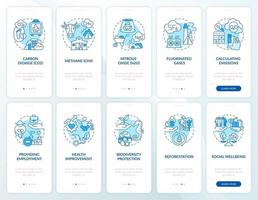 Greenhouse gas emissions onboarding mobile app page screen with concepts set. Health improvement walkthrough 5 steps graphic instructions. UI, UX, GUI vector template with linear color illustrations