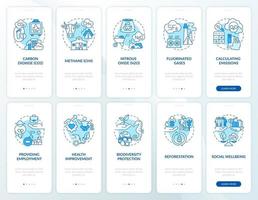 Emisiones de gases de efecto invernadero incorporando la pantalla de la página de la aplicación móvil con conceptos establecidos. Tutorial de mejora de la salud Instrucciones gráficas de 5 pasos. ui, ux, plantilla de vector de interfaz gráfica de usuario con ilustraciones en color lineal