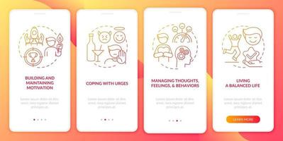 Addiction recovery steps methods onboarding mobile app page screen with concepts vector