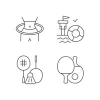 Summer camp activities linear icons set. Hula Hoop workout. First aid. Ping pong. Body warm-up. Customizable thin line contour symbols. Isolated vector outline illustrations. Editable stroke