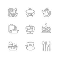 Conjunto de iconos lineales de vajilla de moda. menaje de cocina especialmente diseñado. tenedores, cuchillos y cucharas para cenar. símbolos de contorno de línea fina personalizables. ilustraciones de contorno de vector aislado. trazo editable