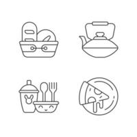 Kitcken dinnerware linear icons set. Kitchen bread basket. Pizza plates for pizzerias. Chinese teapot. Customizable thin line contour symbols. Isolated vector outline illustrations. Editable stroke