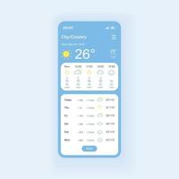 pronóstico del tiempo plantilla de vector de interfaz de teléfono inteligente. diseño de la página de la aplicación móvil. datos por hora. Pantalla de condiciones de humedad, temperatura y viento. interfaz de usuario plana para la aplicación. pantalla del teléfono