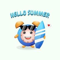 Cute clock mascot carrying surfboard in summer vector