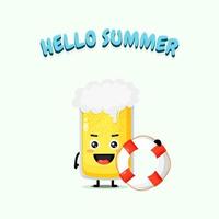 Cute beer mascot carrying a float with summer greetings vector