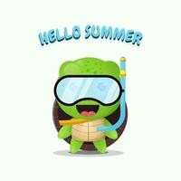 linda tortuga con equipo de buceo con saludos de verano vector