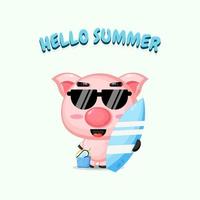 Cute pig carrying surfboard with summer greetings vector