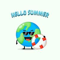 Cute earth mascot carrying a float with summer greetings vector