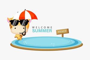 Cute giraffe mascot swimming on the beach with summer greetings vector