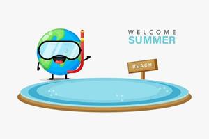 Cute earth mascot swimming on the beach with summer greetings vector