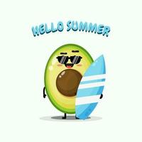 Cute avocado carrying surfboard with summer greetings vector