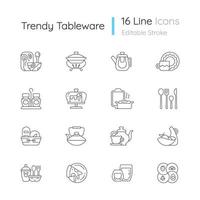 Trendy tableware linear icons set. Irregular shape tableware. Vintage dinningware. Food warming tray. Customizable thin line contour symbols. Isolated vector outline illustrations. Editable stroke