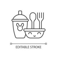 Kids dinnerware linear icon. Plates created for children to eat comfortably. Learning how to eat. Thin line customizable illustration. Contour symbol. Vector isolated outline drawing. Editable stroke