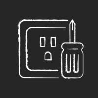 Outlet repair chalk white icon on dark background. Electrical plugs and sockets. Voltage testing. Devices connection. Damaged wires fixing. Isolated vector chalkboard illustration on black