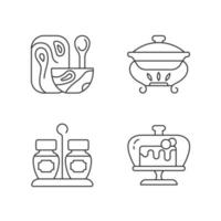 Conjunto de iconos lineales de vajilla moderna. vajilla de madera para cocina. bandeja calentadora para comida. plato de frotamiento. símbolos de contorno de línea fina personalizables. ilustraciones de contorno de vector aislado. trazo editable