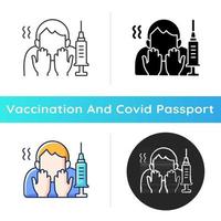 Fear of vaccination icon. Phobia of injection. Afraid of syringe needles. Health treatment problem. Scared of vaccine shot. Linear black and RGB color styles. Isolated vector illustrations