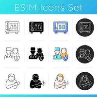 Vaccination icons set. Vaccine supply storage. Priority list for immunizaion. Arm injection side effect. Patient and doctor. Linear, black and RGB color styles. Isolated vector illustrations