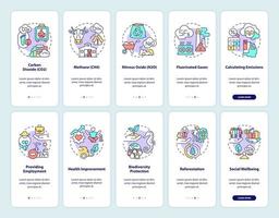 Greenhouse gas emissions onboarding mobile app page screen with concepts set. Carbon offset walkthrough 5 steps graphic instructions. UI, UX, GUI vector template with linear color illustrations