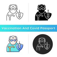 Vaccination of elderly people icon. Priority list age group. Senior man for vaccine injection. Health care and medicine. Linear black and RGB color styles. Isolated vector illustrations