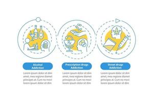 Addiction types vector infographic template. Drugs addiction presentation outline design elements. Data visualization with 3 steps. Process timeline info chart. Workflow layout with line icons