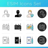 Two dose vaccine icons set. Immunization against virus. Repeated appointment to hospital. QR code for mobile phone. Linear, black and RGB color styles. Isolated vector illustrations