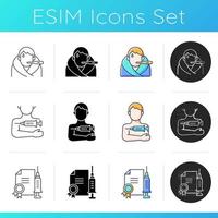 Vaccine shot icons set. Fever, high temperature. Side effect of vaccination. Quality certificate. Patient with disease. Linear, black and RGB color styles. Isolated vector illustrations