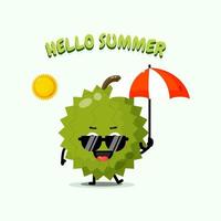 Cute durian mascot carrying umbrella with summer greetings vector