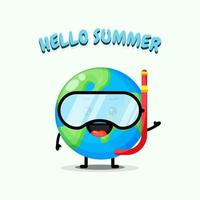 Cute earth mascot wearing diving gear with summer greetings vector