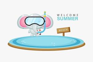 Cute elephant swimming on the beach with summer greetings vector