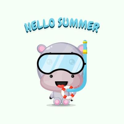 Cute hippo mascot wearing diving gear with summer greetings