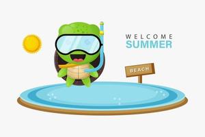 Cute turtle swimming on the beach with summer greetings vector