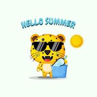 Cute leopard mascot carrying a bucket with summer greetings vector