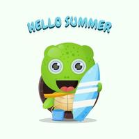 Cute turtle carrying surfboard with summer greetings vector