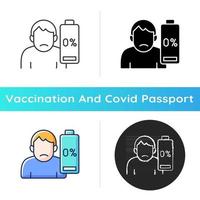 Vaccination effect icon. Drowsiness and fatigue. Mental burnout. Physical weakness. Symptom of disease. Health care. Linear black and RGB color styles. Isolated vector illustrations