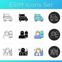 Covid vaccination icons set. Vaccine transportation. Drowsiness and fatigue. Side effect of injection. Fear of needles. Linear, black and RGB color styles. Isolated vector illustrations