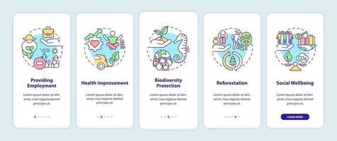 Carbon offsetting benefits onboarding mobile app page screen with concepts. Health improvement walkthrough 5 steps graphic instructions. UI, UX, GUI vector template with linear color illustrations