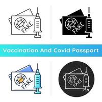 Fake vaccination card icon. False coronavirus certificate. Fabricated passport for covid vaccine. Health care and medicine. Linear black and RGB color styles. Isolated vector illustrations