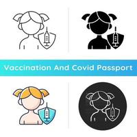 Vaccination of kids icon. Children immunization during virus pandemic. Drug injection, disease treatment. Health, medicine. Linear black and RGB color styles. Isolated vector illustrations