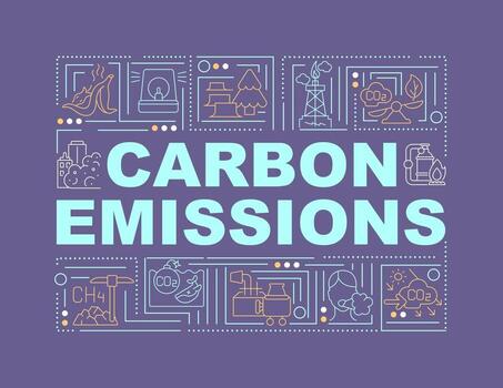 Carbon emissions word concepts banner. CO2 release. Negative side effect. Infographics with linear icons on purple background. Isolated creative typography. Vector outline color illustration with text